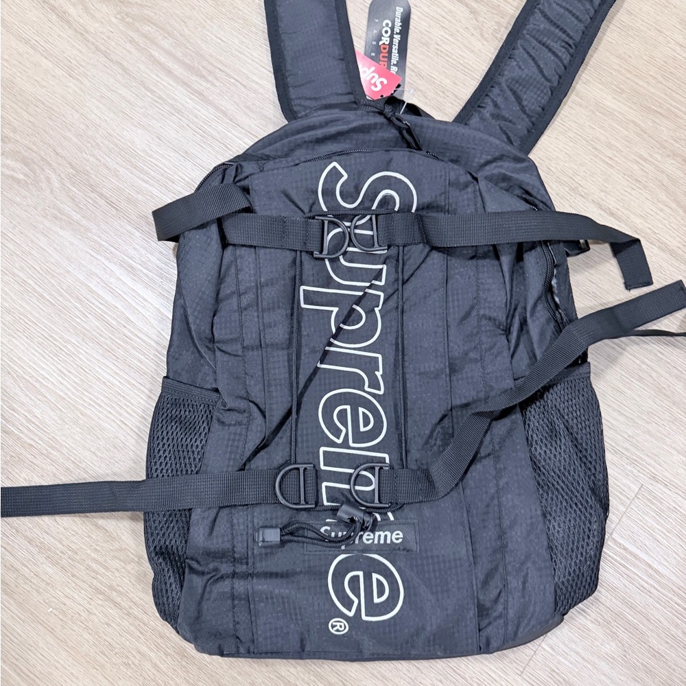 Supreme Black Backpack with White Vertical Logo
